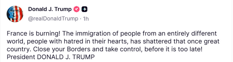 Donald Trump susține că imigrația a distrus Franța în urma violențelor de pe străzile țării
