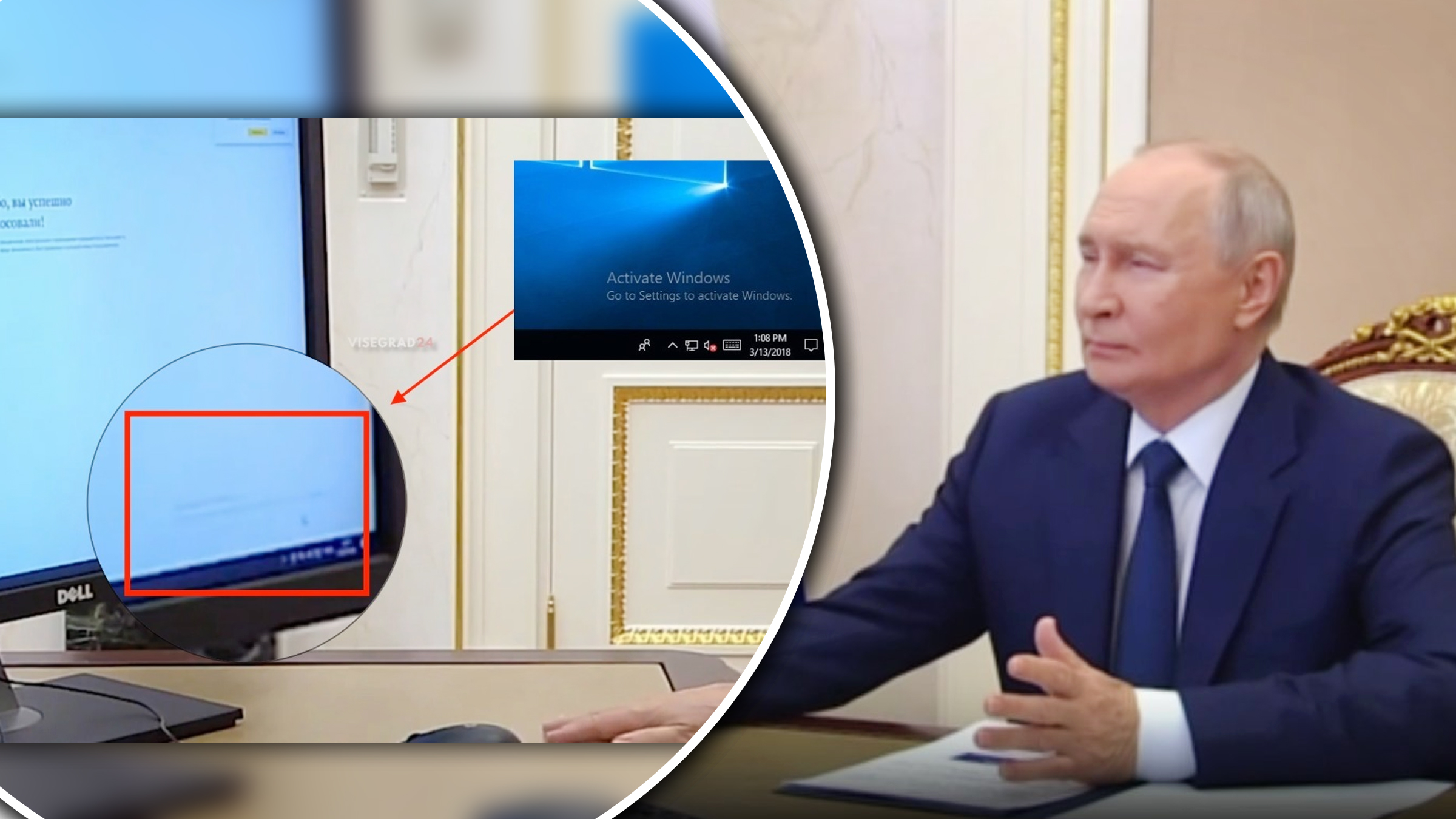 Mesaj de eroare pe monitorul lui Vladimir Putin: președintele rus a votat folosind un Windows fără licență