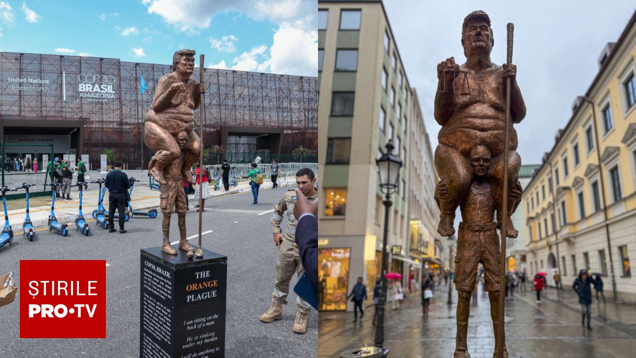 O statuie satirică îl reprezintă pe Donald Trump în Parlamentul European sub numele de „Ciuma portocalie”